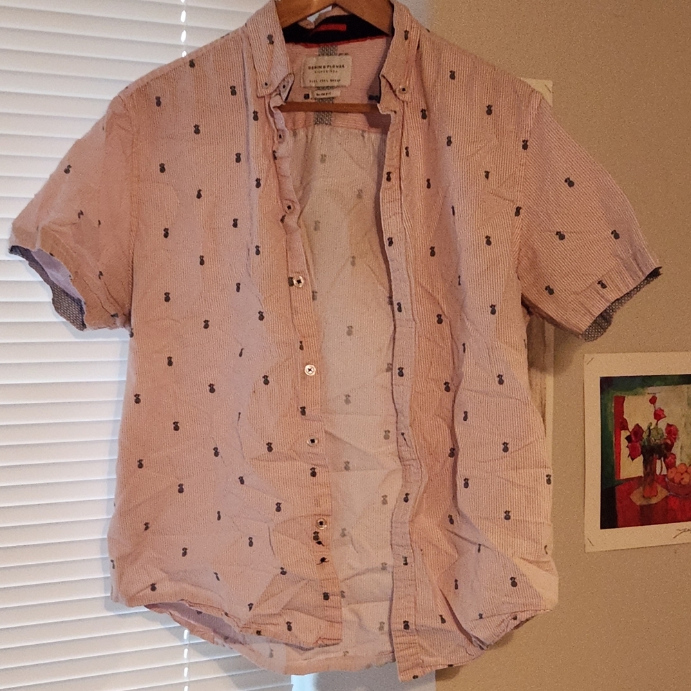 Denim and Flower Slim Fit Pink Seersucker with Pineapple Embroidery L